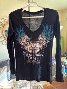 Archaic by Affliction Y2K "Born Free" Wings Skulls Cross Long Sleeve Tunic Top L